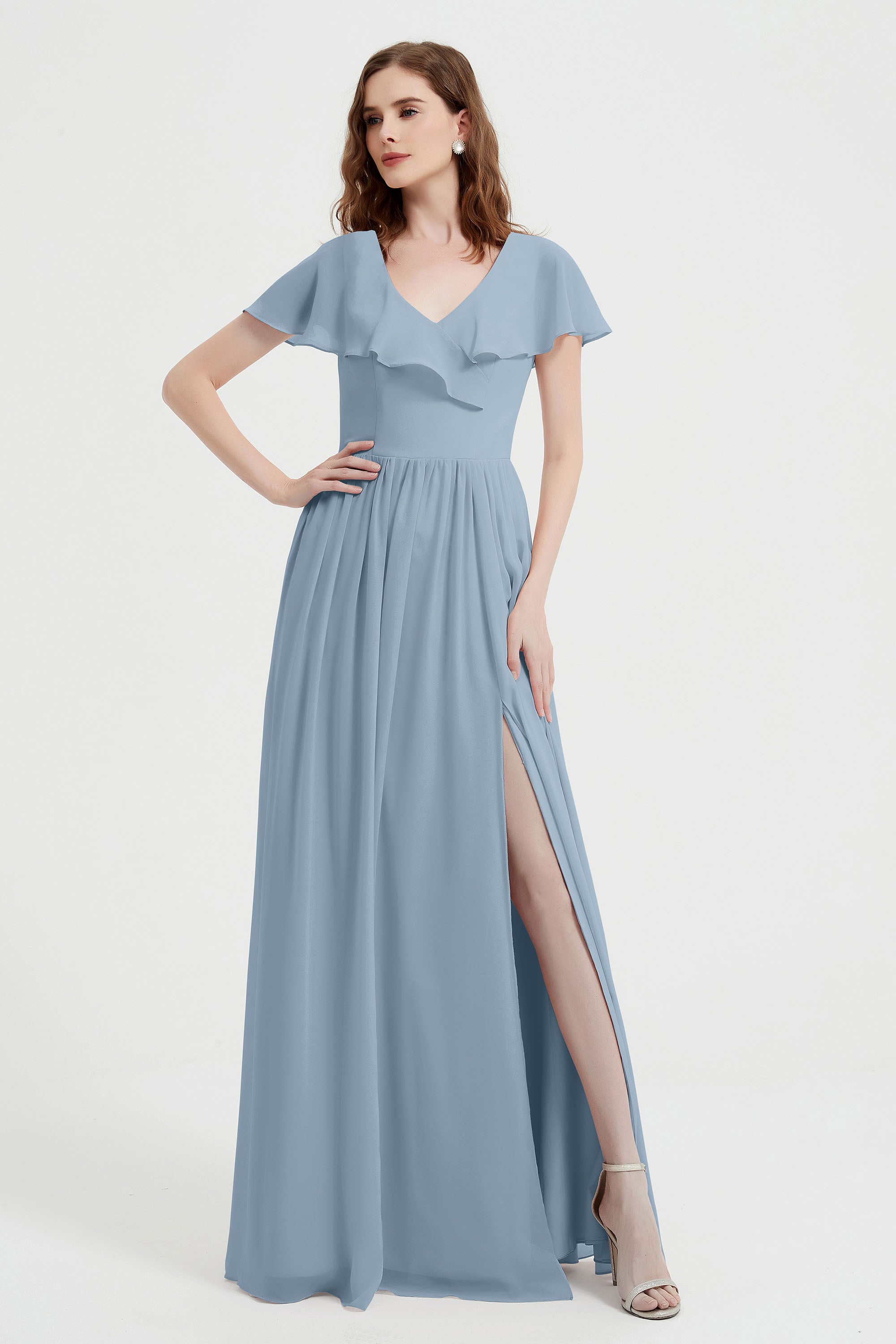 Flutter Sleeves Chiffon Bridesmaid Dress Natural A Line Formal Evening Dresses Gowns