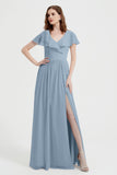 Flutter Sleeves Chiffon Bridesmaid Dress Natural A Line Formal Evening Dresses Gowns