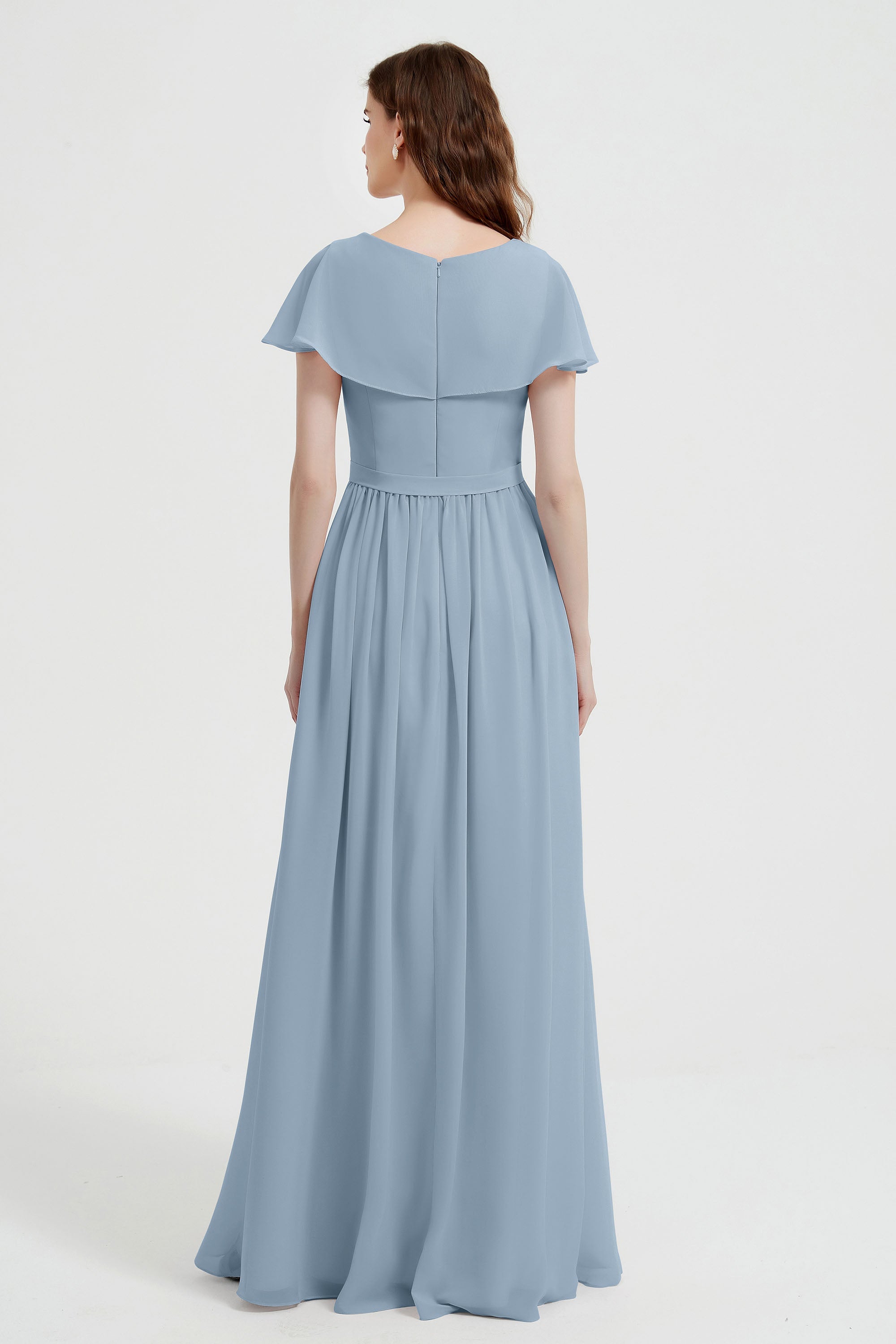 Flutter Sleeves Chiffon Bridesmaid Dress Natural A Line Formal Evening Dresses Gowns