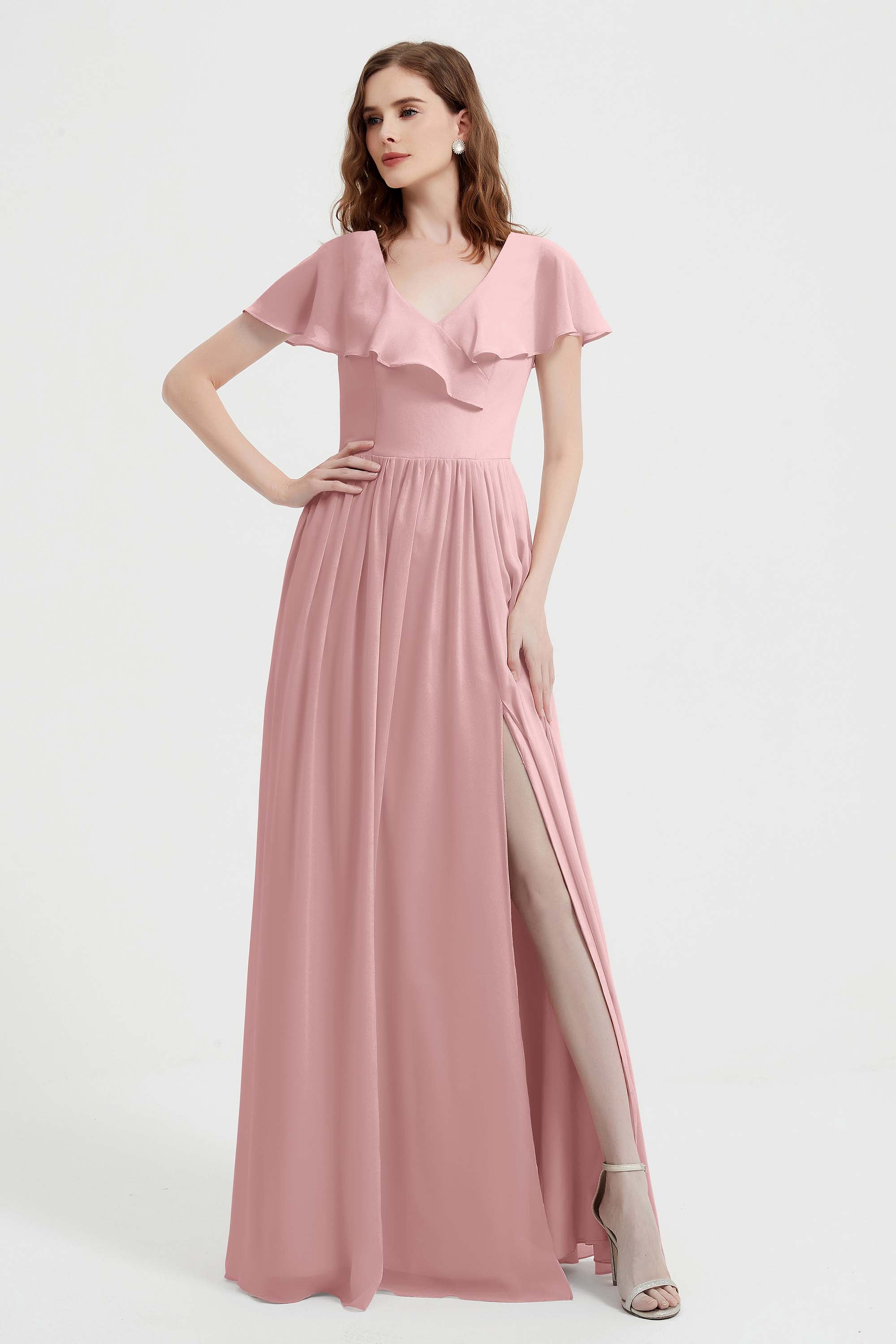 Flutter Sleeves Chiffon Bridesmaid Dress Natural A Line Formal Evening Dresses Gowns