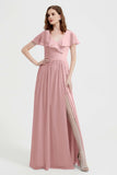 Flutter Sleeves Chiffon Bridesmaid Dress Natural A Line Formal Evening Dresses Gowns