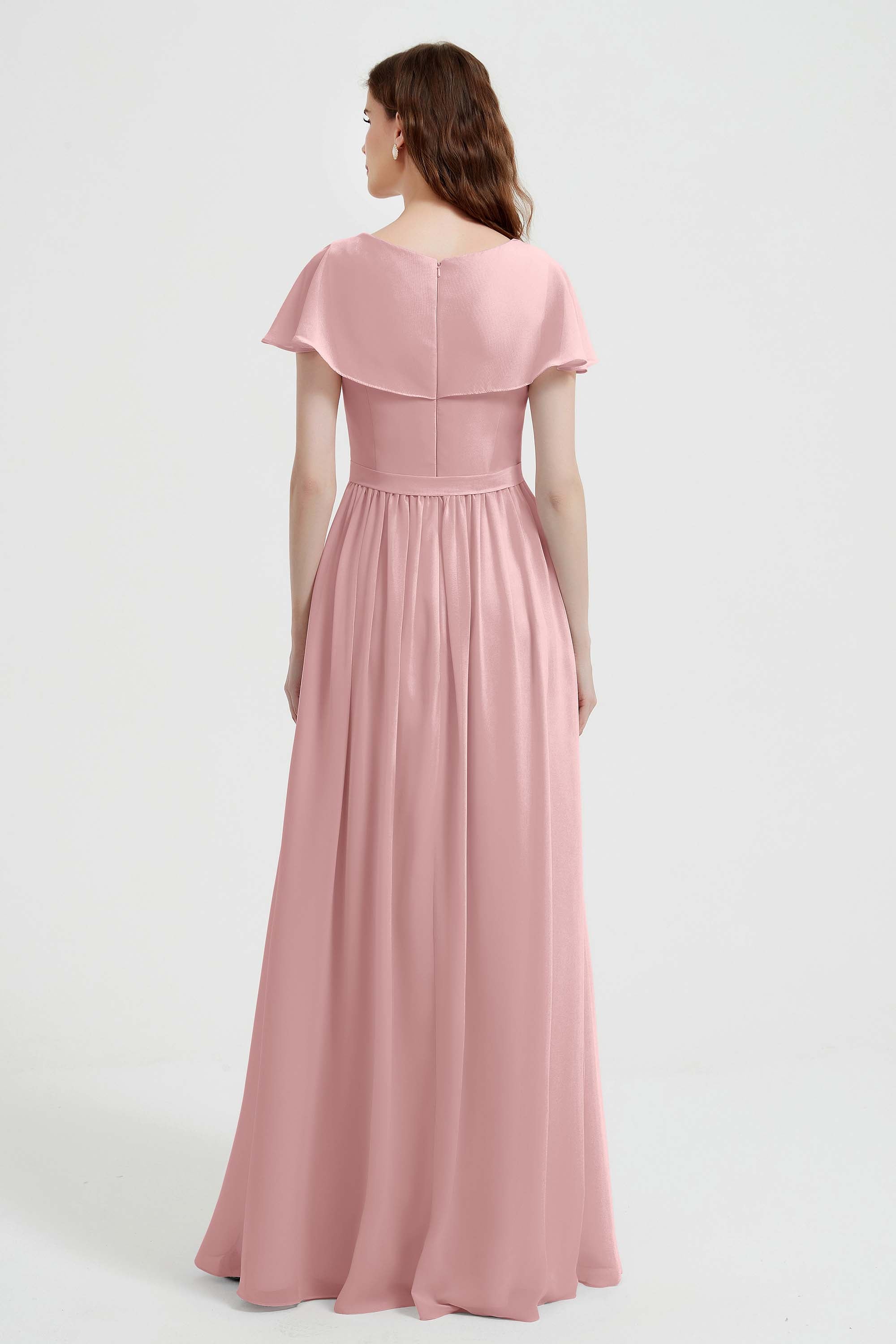 Flutter Sleeves Chiffon Bridesmaid Dress Natural A Line Formal Evening Dresses Gowns