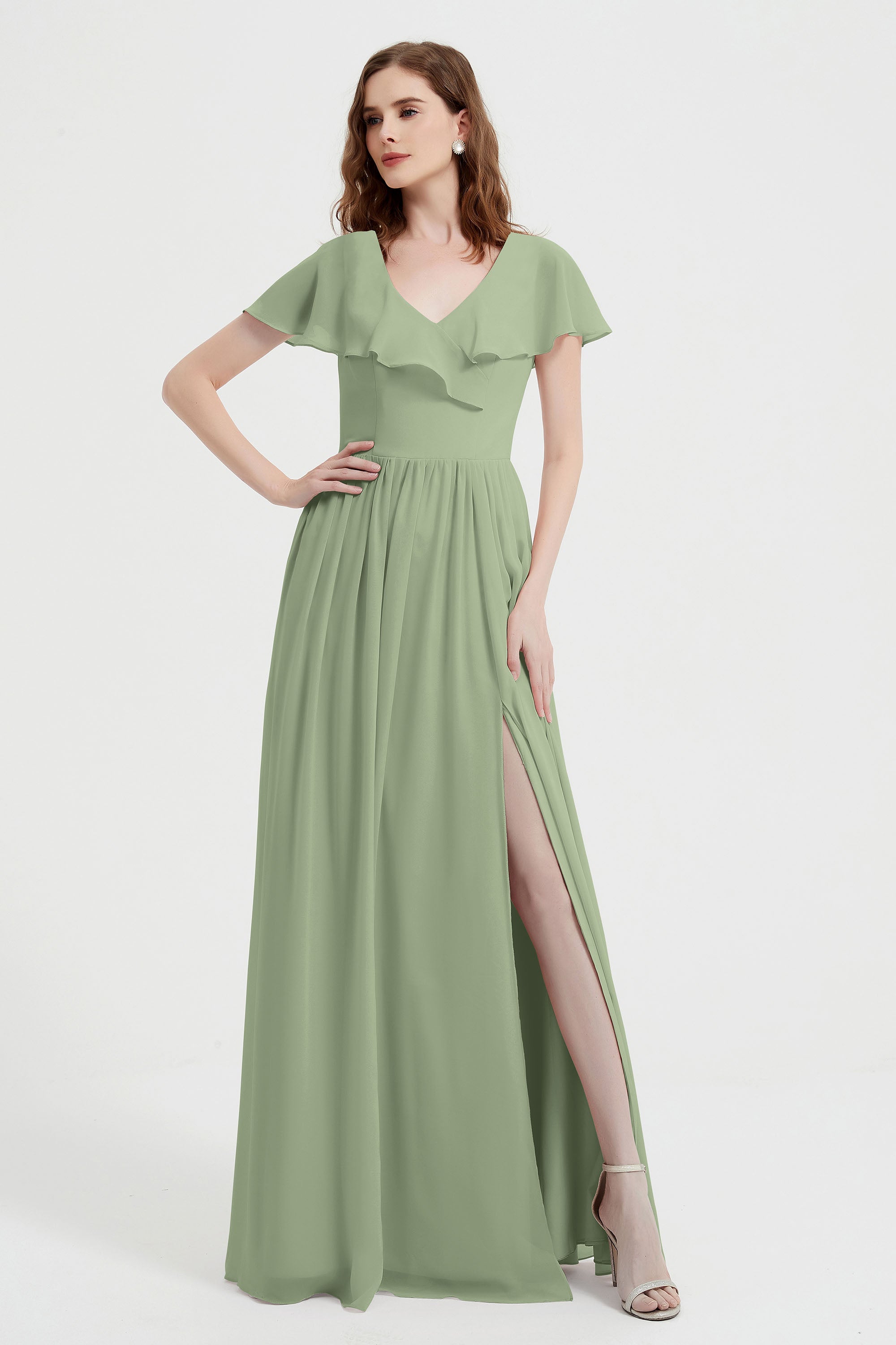 Flutter Sleeves Chiffon Bridesmaid Dress Natural A Line Formal Evening Dresses Gowns