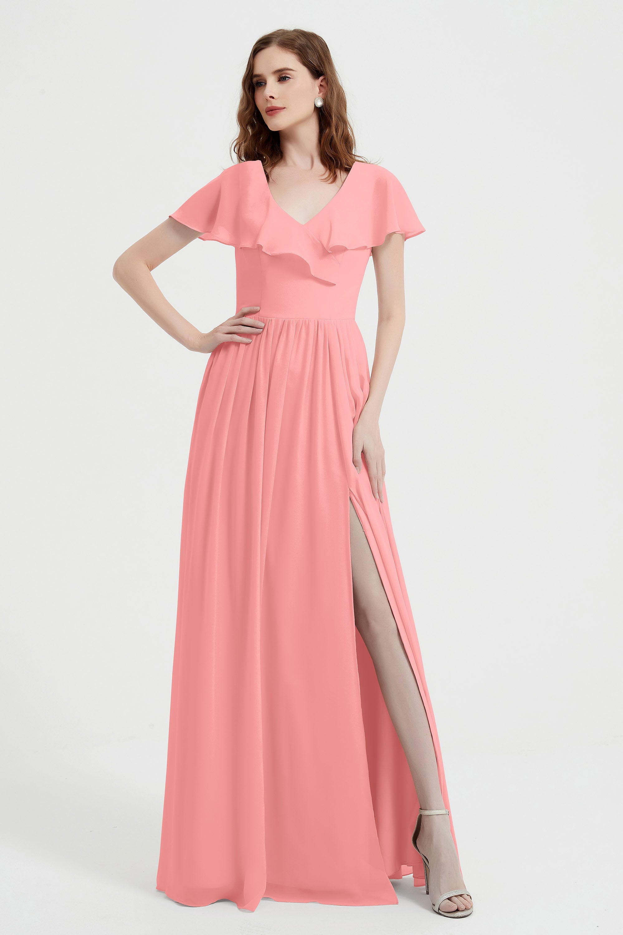 Flutter Sleeves Chiffon Bridesmaid Dress Natural A Line Formal Evening Dresses Gowns