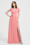 Flutter Sleeves Chiffon Bridesmaid Dress Natural A Line Formal Evening Dresses Gowns