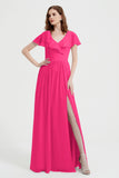 Flutter Sleeves Chiffon Bridesmaid Dress Natural A Line Formal Evening Dresses Gowns