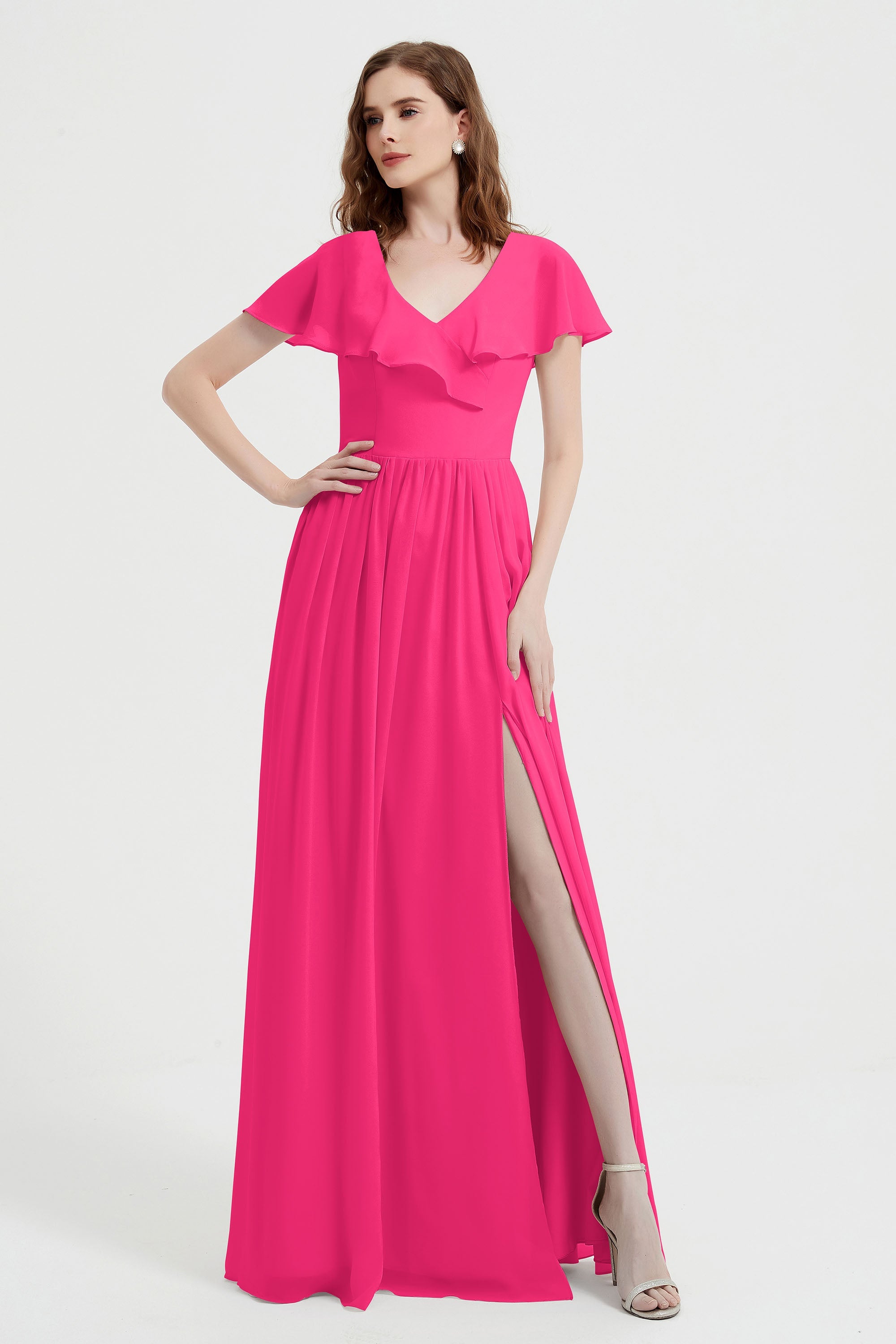 Flutter Sleeves Chiffon Bridesmaid Dress Natural A Line Formal Evening Dresses Gowns
