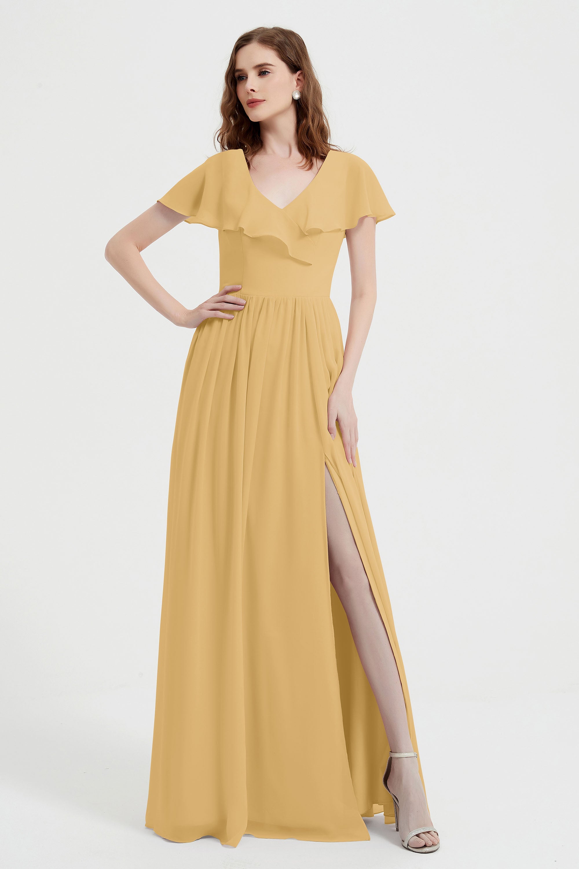 Flutter Sleeves Chiffon Bridesmaid Dress Natural A Line Formal Evening Dresses Gowns