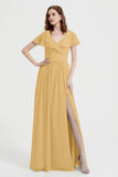 Flutter Sleeves Chiffon Bridesmaid Dress Natural A Line Formal Evening Dresses Gowns