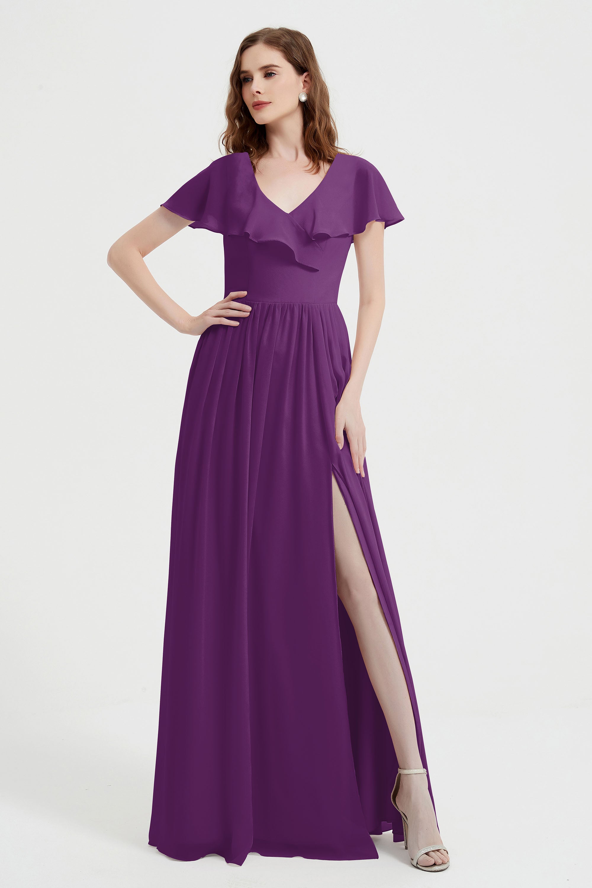 Flutter Sleeves Chiffon Bridesmaid Dress Natural A Line Formal Evening Dresses Gowns