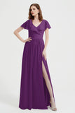 Flutter Sleeves Chiffon Bridesmaid Dress Natural A Line Formal Evening Dresses Gowns