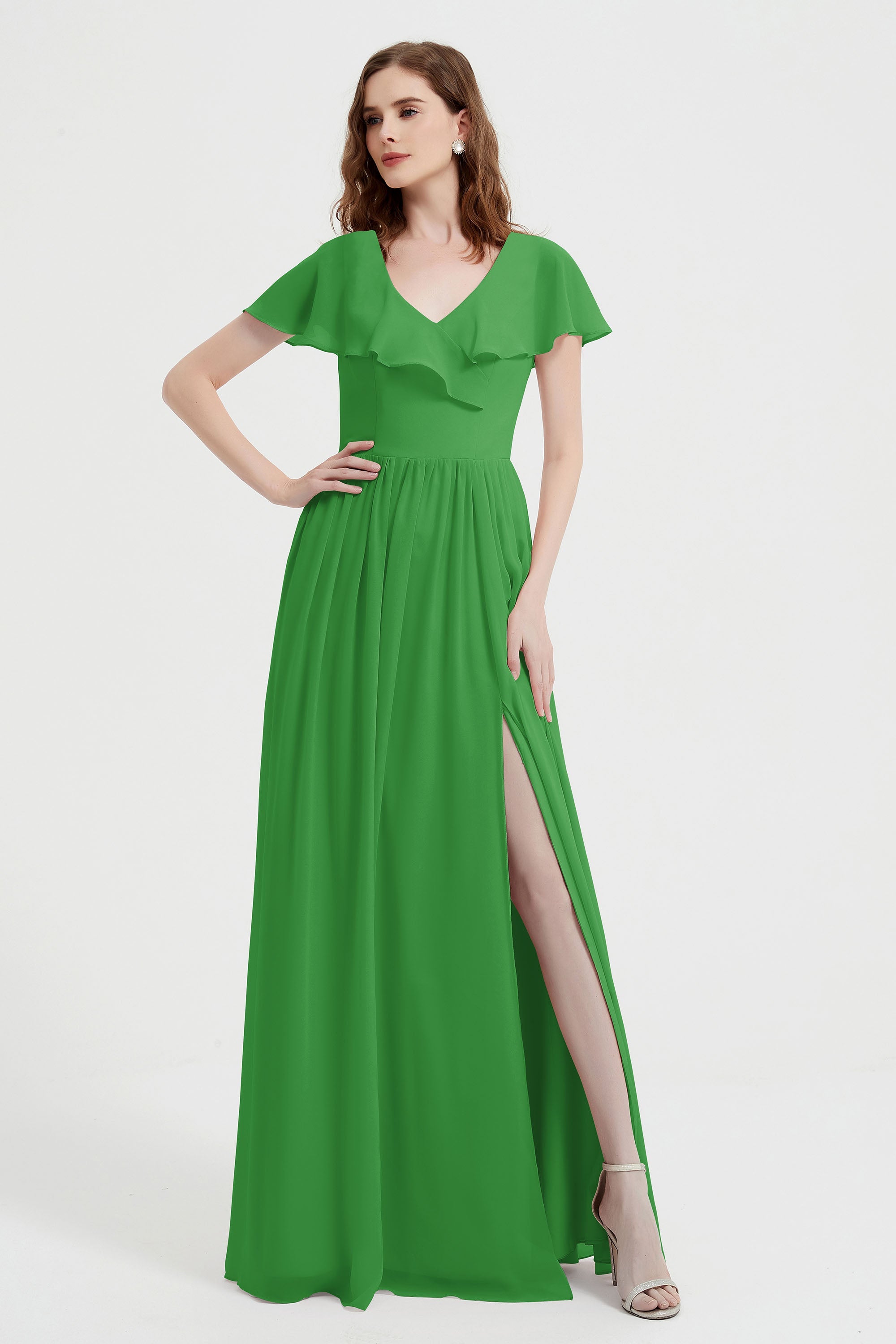 Flutter Sleeves Chiffon Bridesmaid Dress Natural A Line Formal Evening Dresses Gowns
