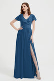 Flutter Sleeves Chiffon Bridesmaid Dress Natural A Line Formal Evening Dresses Gowns