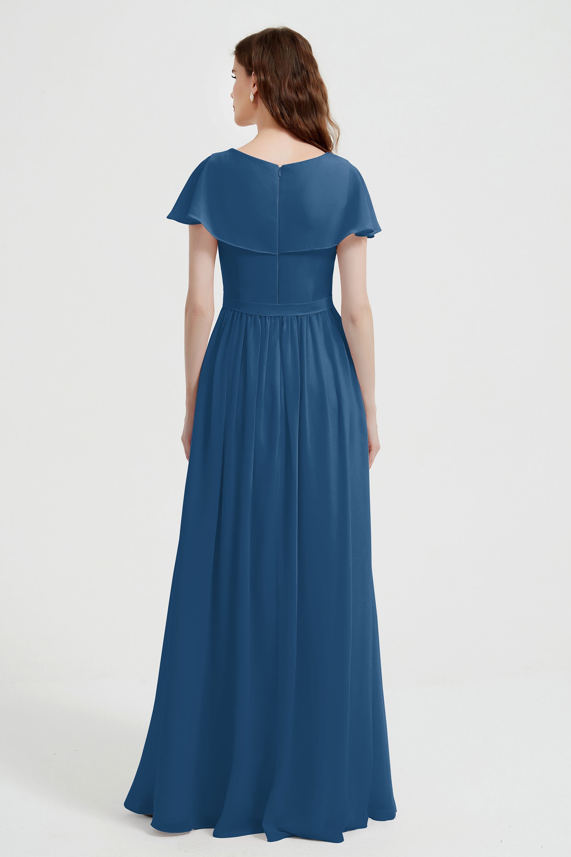 Flutter Sleeves Chiffon Bridesmaid Dress Natural A Line Formal Evening Dresses Gowns