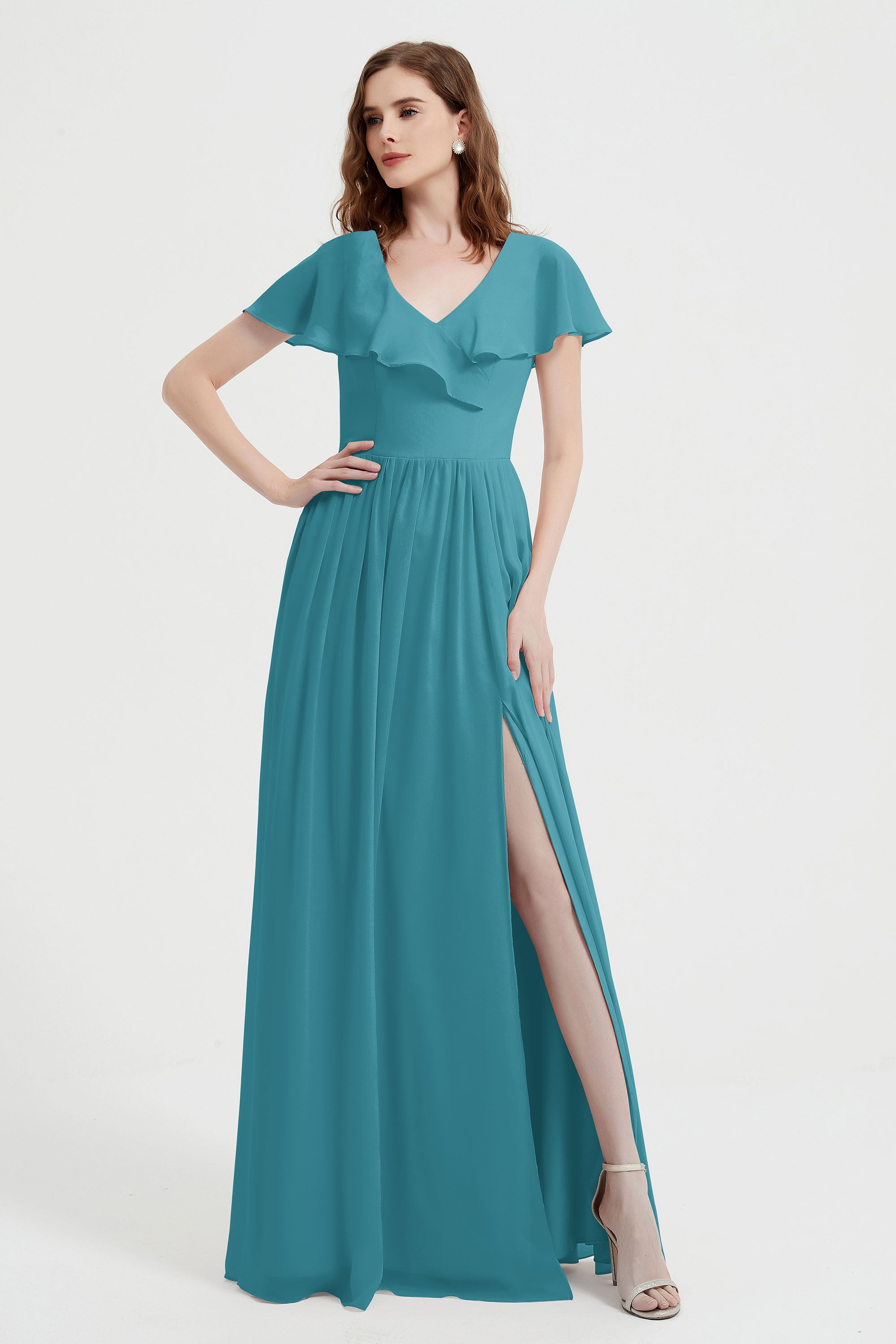 Flutter Sleeves Chiffon Bridesmaid Dress Natural A Line Formal Evening Dresses Gowns