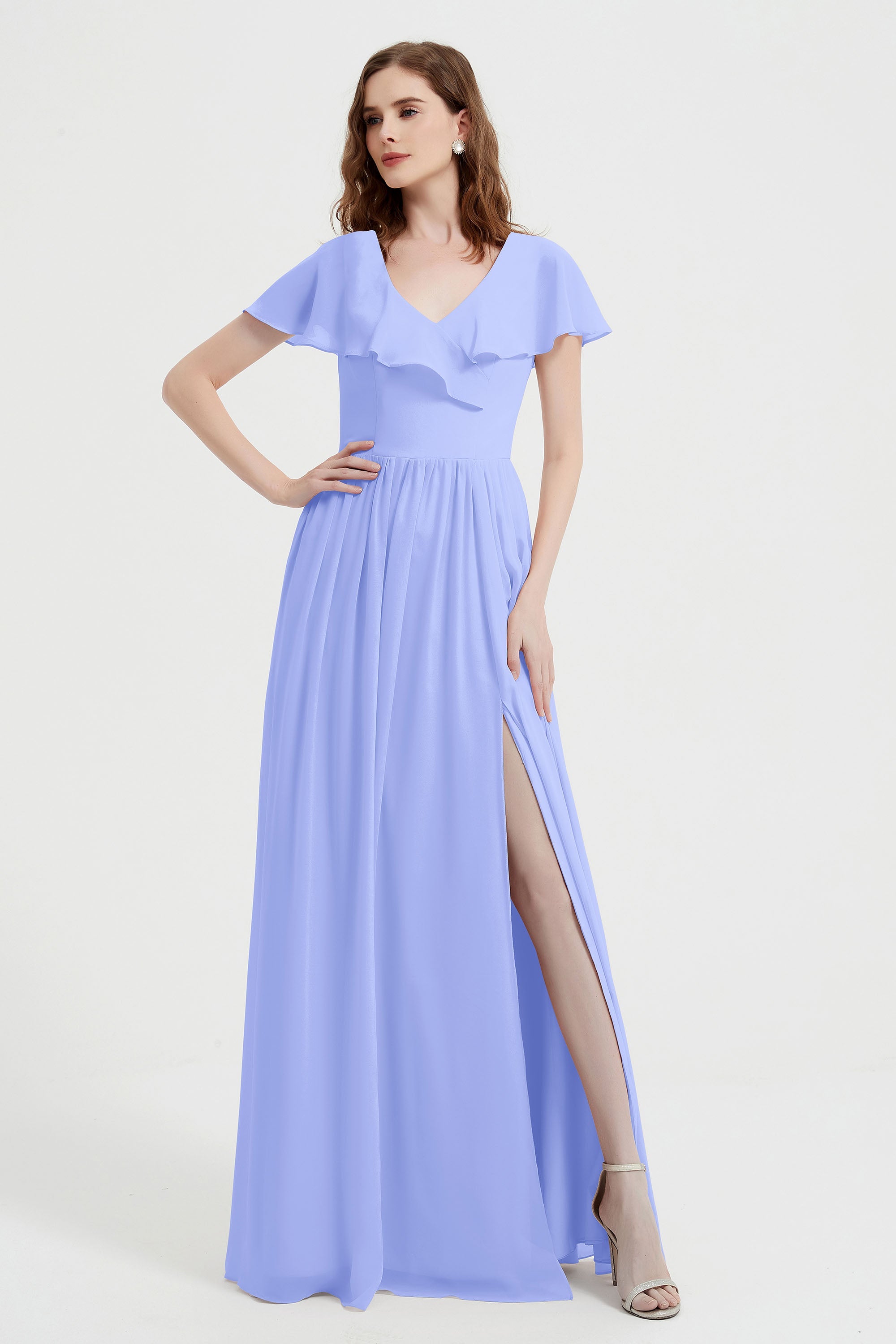 Flutter Sleeves Chiffon Bridesmaid Dress Natural A Line Formal Evening Dresses Gowns