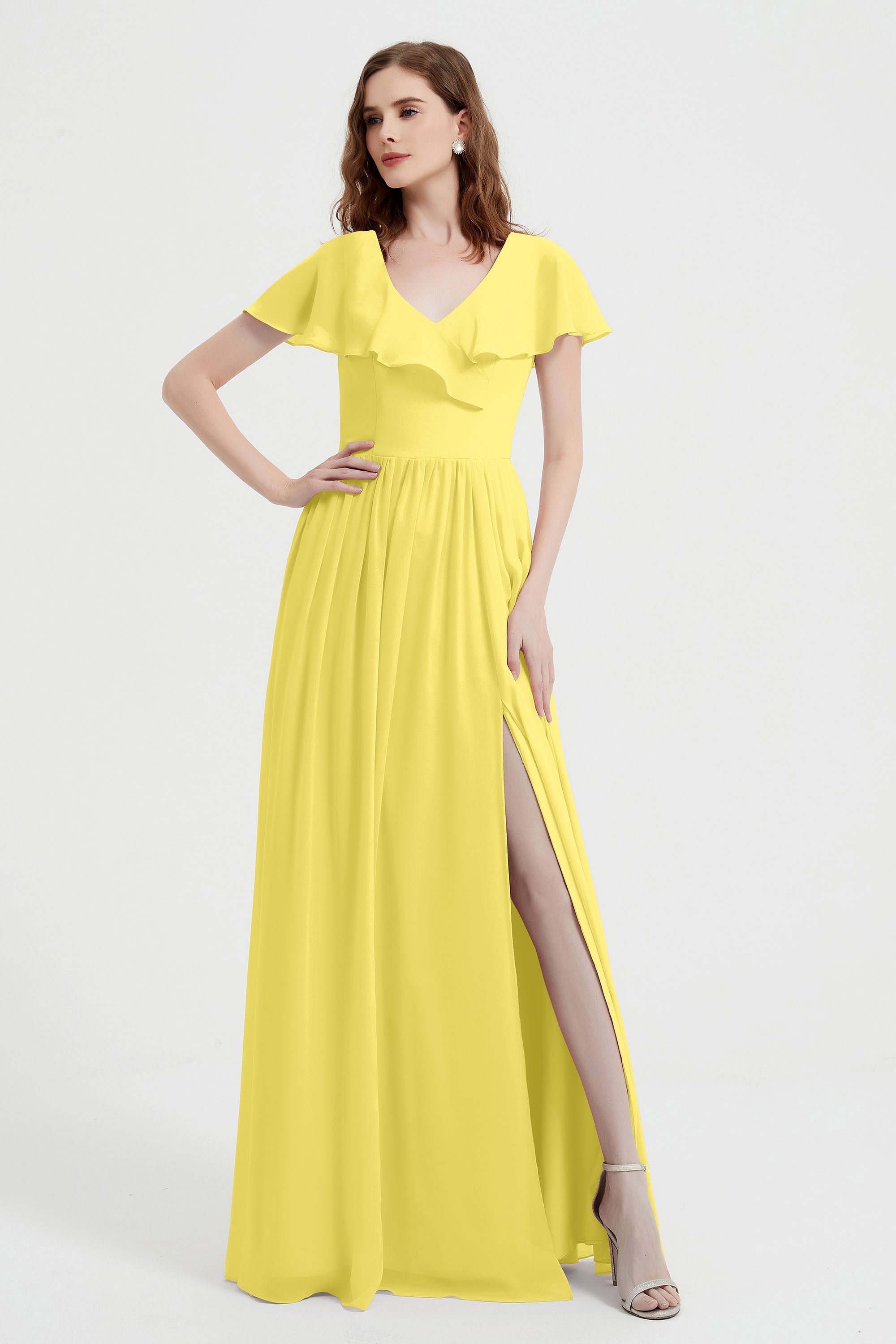 Flutter Sleeves Chiffon Bridesmaid Dress Natural A Line Formal Evening Dresses Gowns