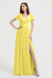 Flutter Sleeves Chiffon Bridesmaid Dress Natural A Line Formal Evening Dresses Gowns