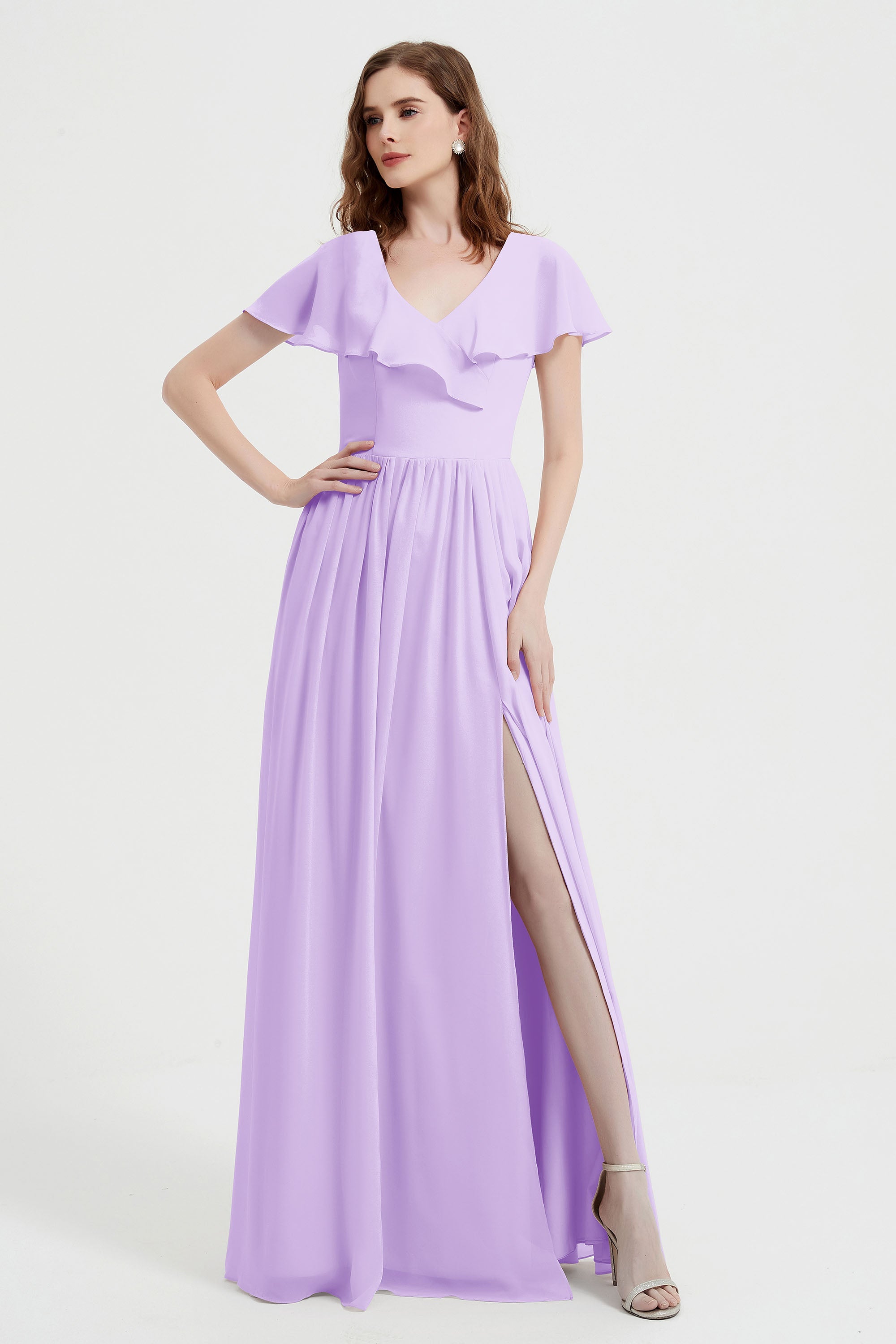 Flutter Sleeves Chiffon Bridesmaid Dress Natural A Line Formal Evening Dresses Gowns