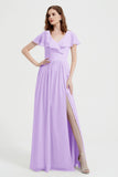 Flutter Sleeves Chiffon Bridesmaid Dress Natural A Line Formal Evening Dresses Gowns