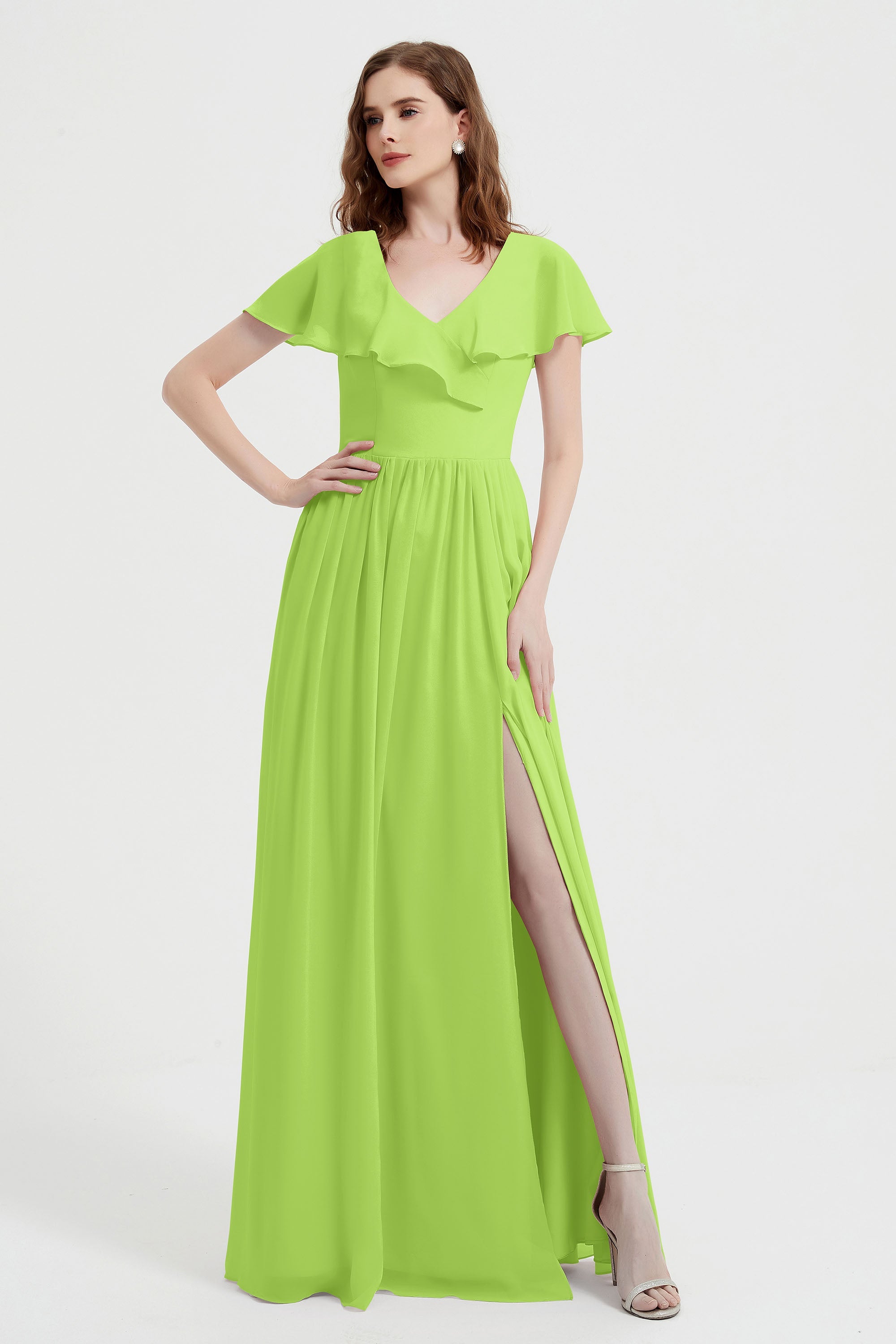 Flutter Sleeves Chiffon Bridesmaid Dress Natural A Line Formal Evening Dresses Gowns