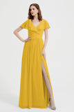 Flutter Sleeves Chiffon Bridesmaid Dress Natural A Line Formal Evening Dresses Gowns