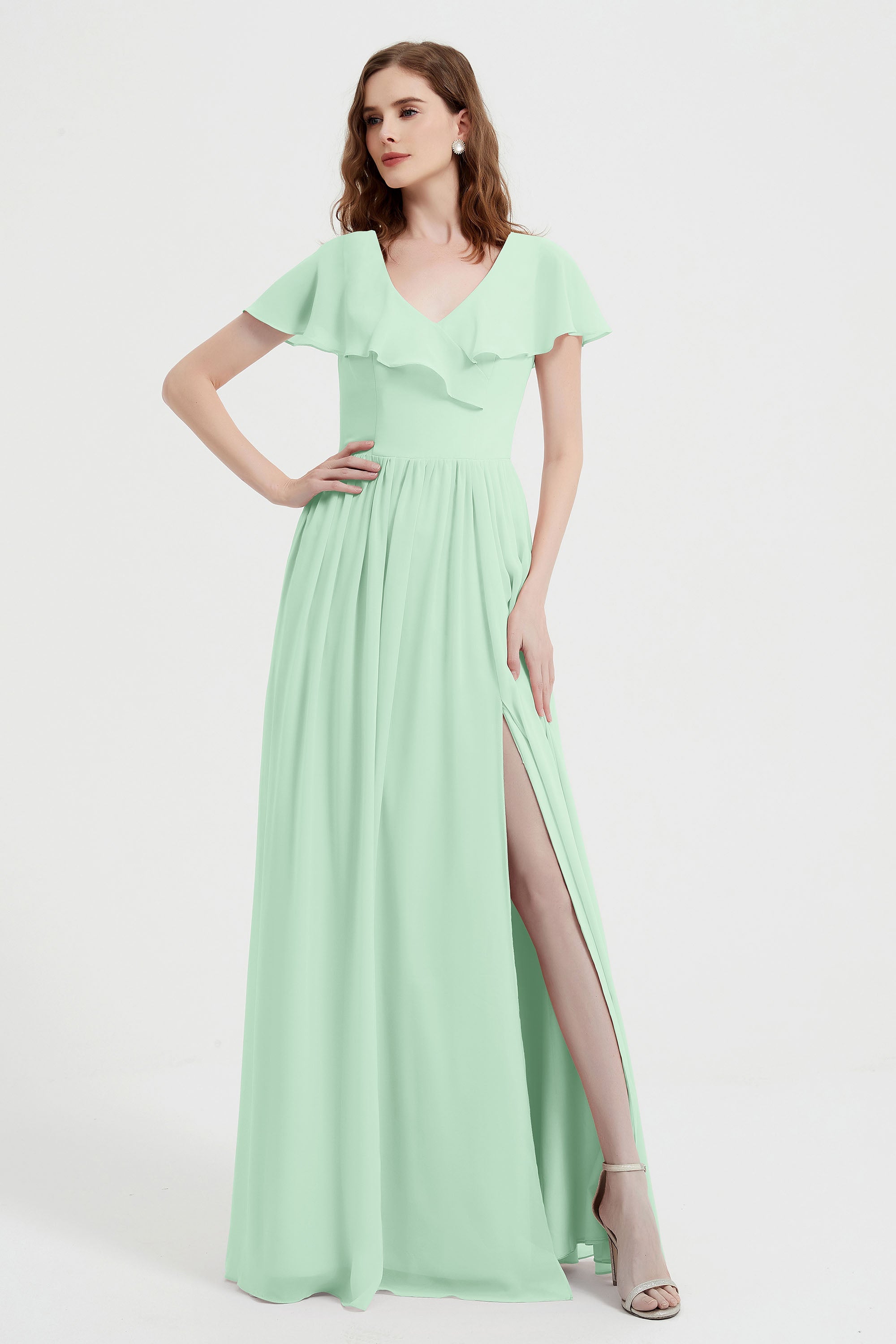 Flutter Sleeves Chiffon Bridesmaid Dress Natural A Line Formal Evening Dresses Gowns