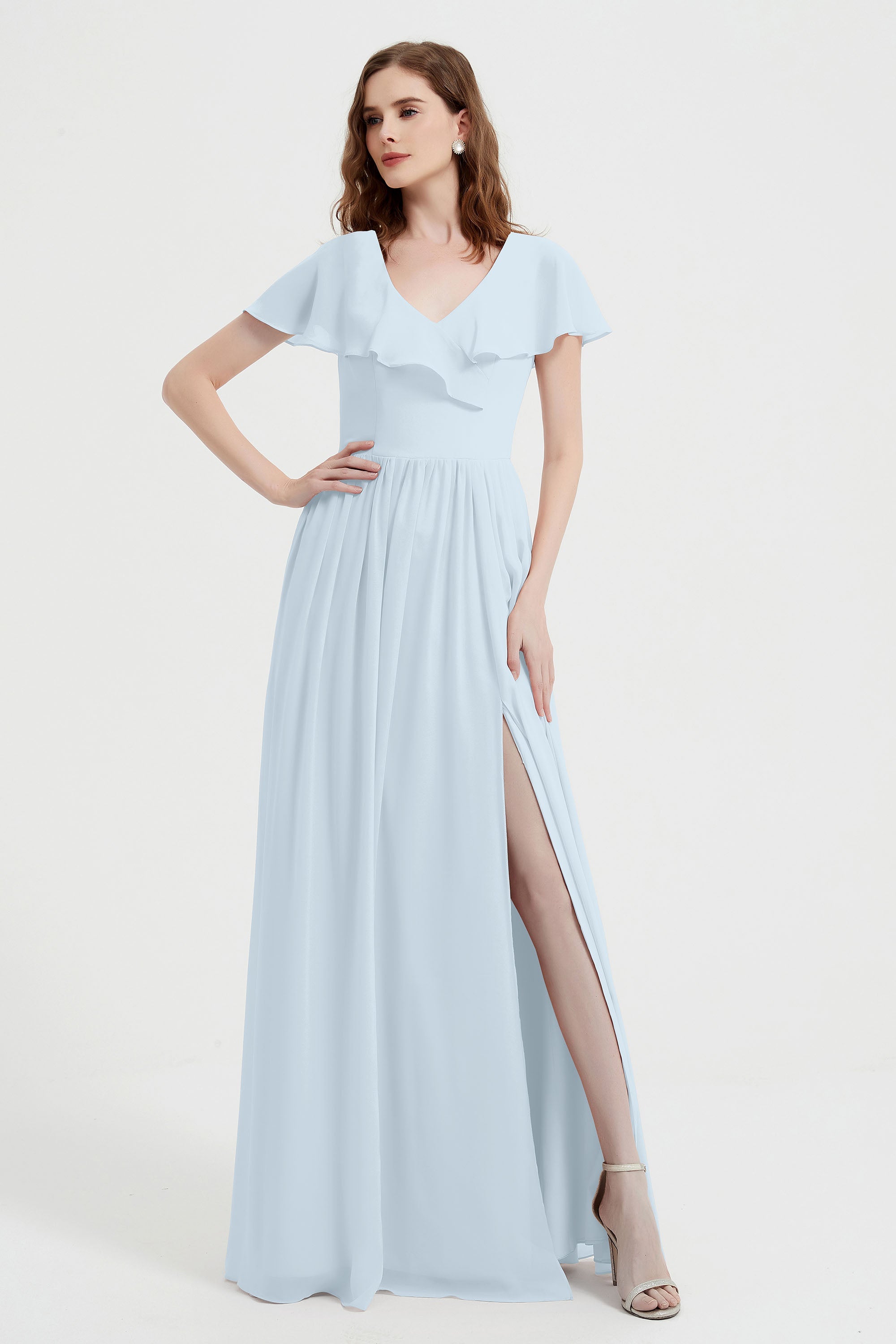 Flutter Sleeves Chiffon Bridesmaid Dress Natural A Line Formal Evening Dresses Gowns