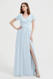 Flutter Sleeves Chiffon Bridesmaid Dress Natural A Line Formal Evening Dresses Gowns
