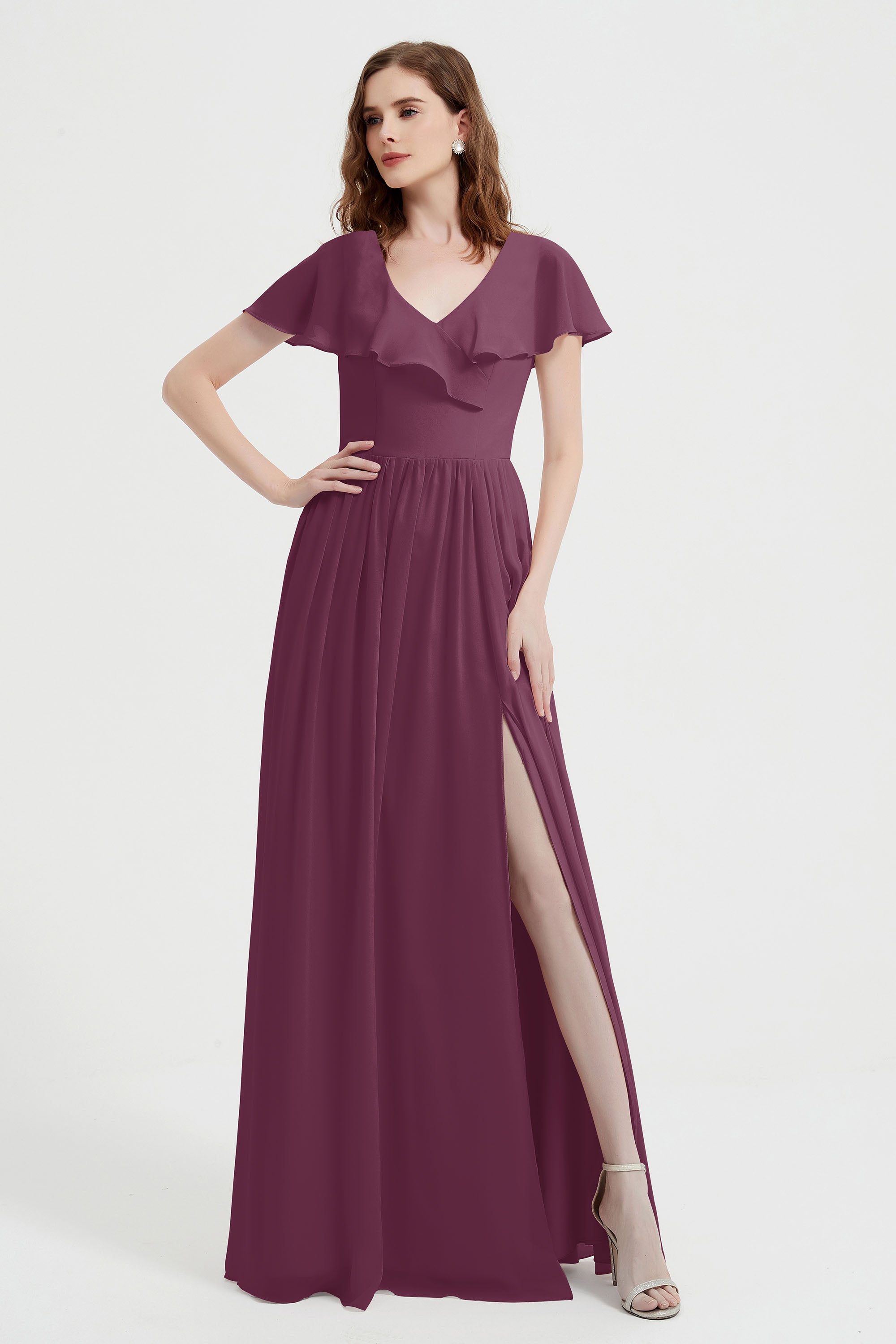 Flutter Sleeves Chiffon Bridesmaid Dress Natural A Line Formal Evening Dresses Gowns