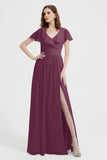 Flutter Sleeves Chiffon Bridesmaid Dress Natural A Line Formal Evening Dresses Gowns
