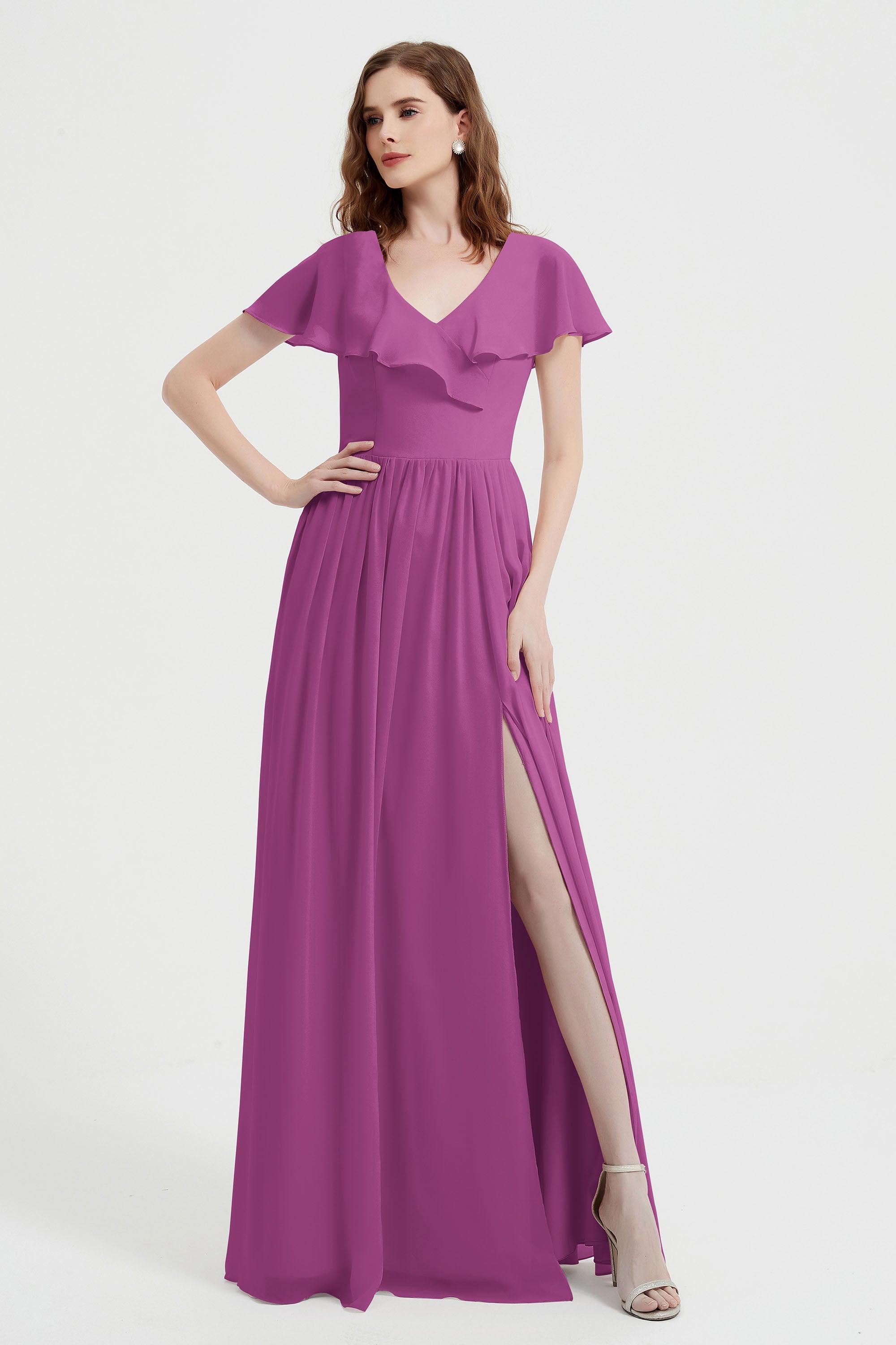 Flutter Sleeves Chiffon Bridesmaid Dress Natural A Line Formal Evening Dresses Gowns