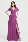 Flutter Sleeves Chiffon Bridesmaid Dress Natural A Line Formal Evening Dresses Gowns