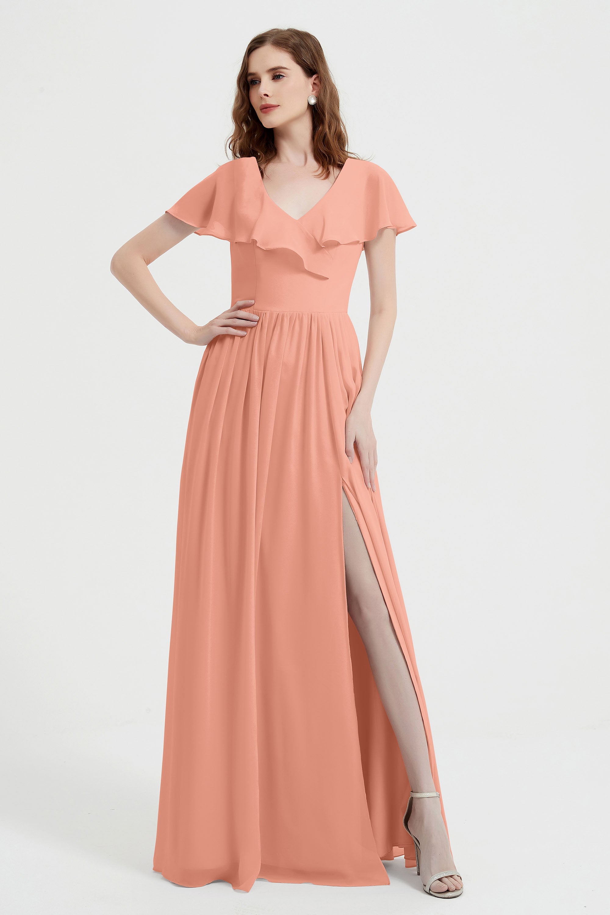 Flutter Sleeves Chiffon Bridesmaid Dress Natural A Line Formal Evening Dresses Gowns