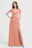 Flutter Sleeves Chiffon Bridesmaid Dress Natural A Line Formal Evening Dresses Gowns