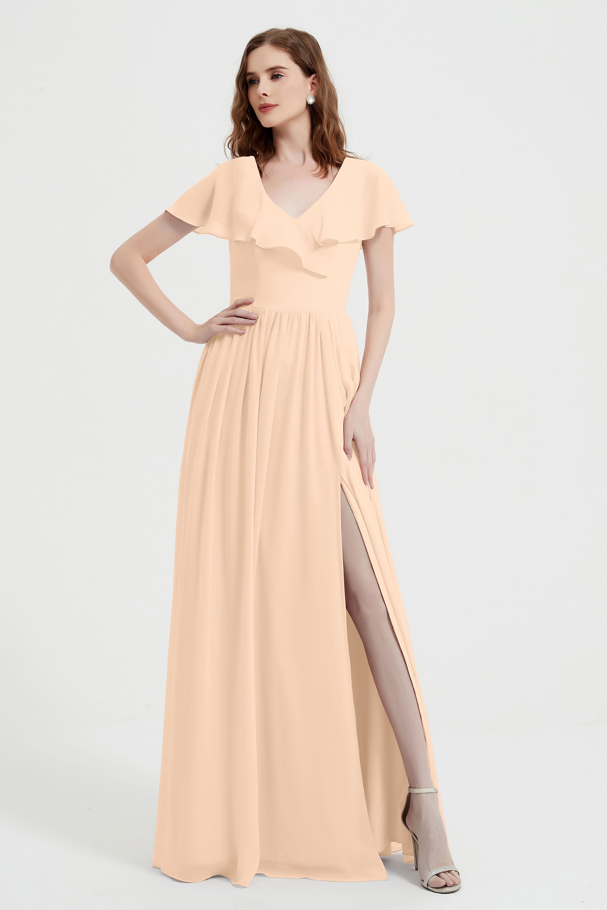 Flutter Sleeves Chiffon Bridesmaid Dress Natural A Line Formal Evening Dresses Gowns