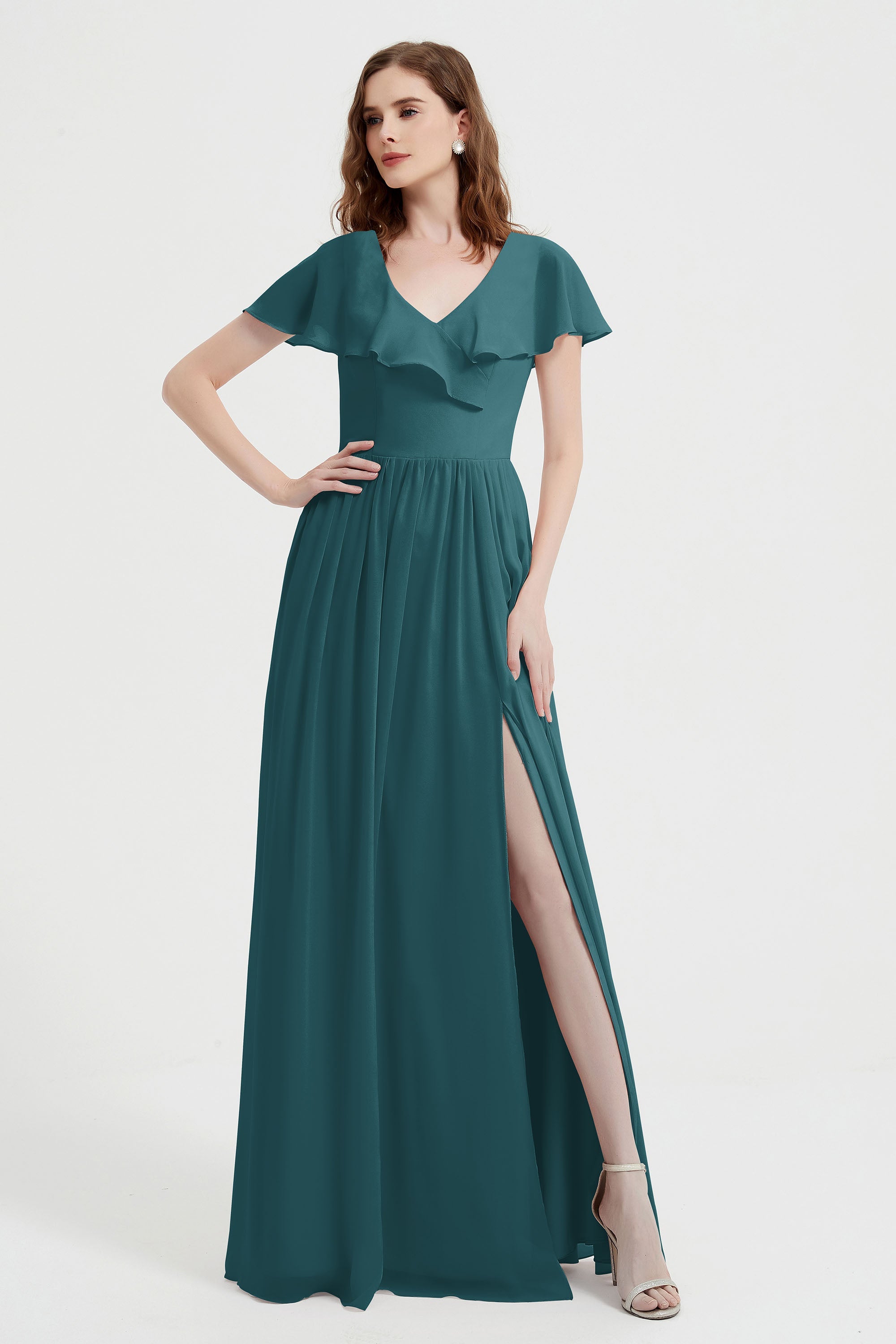 Flutter Sleeves Chiffon Bridesmaid Dress Natural A Line Formal Evening Dresses Gowns