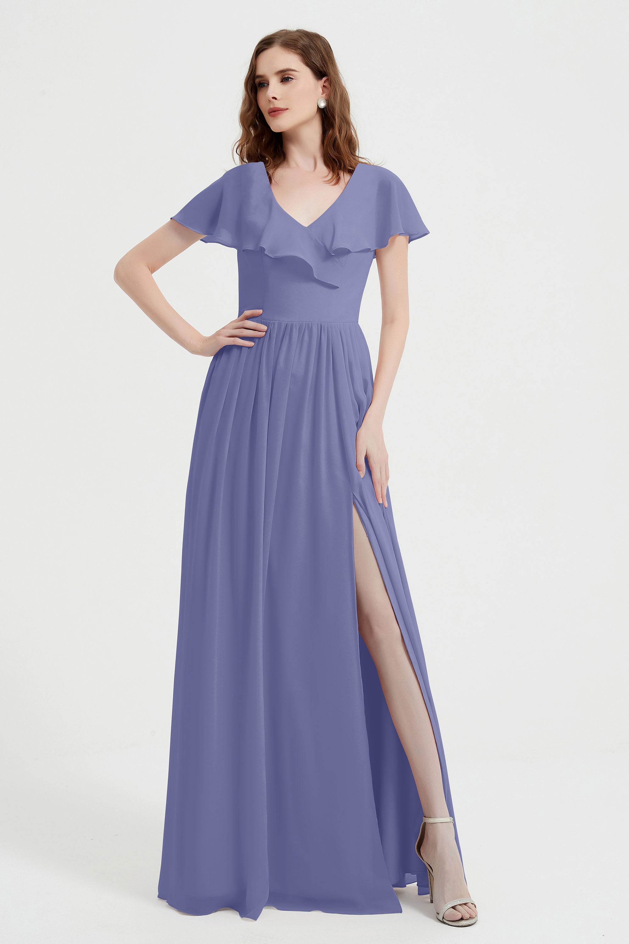 Flutter Sleeves Chiffon Bridesmaid Dress Natural A Line Formal Evening Dresses Gowns