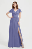 Flutter Sleeves Chiffon Bridesmaid Dress Natural A Line Formal Evening Dresses Gowns