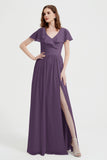 Flutter Sleeves Chiffon Bridesmaid Dress Natural A Line Formal Evening Dresses Gowns