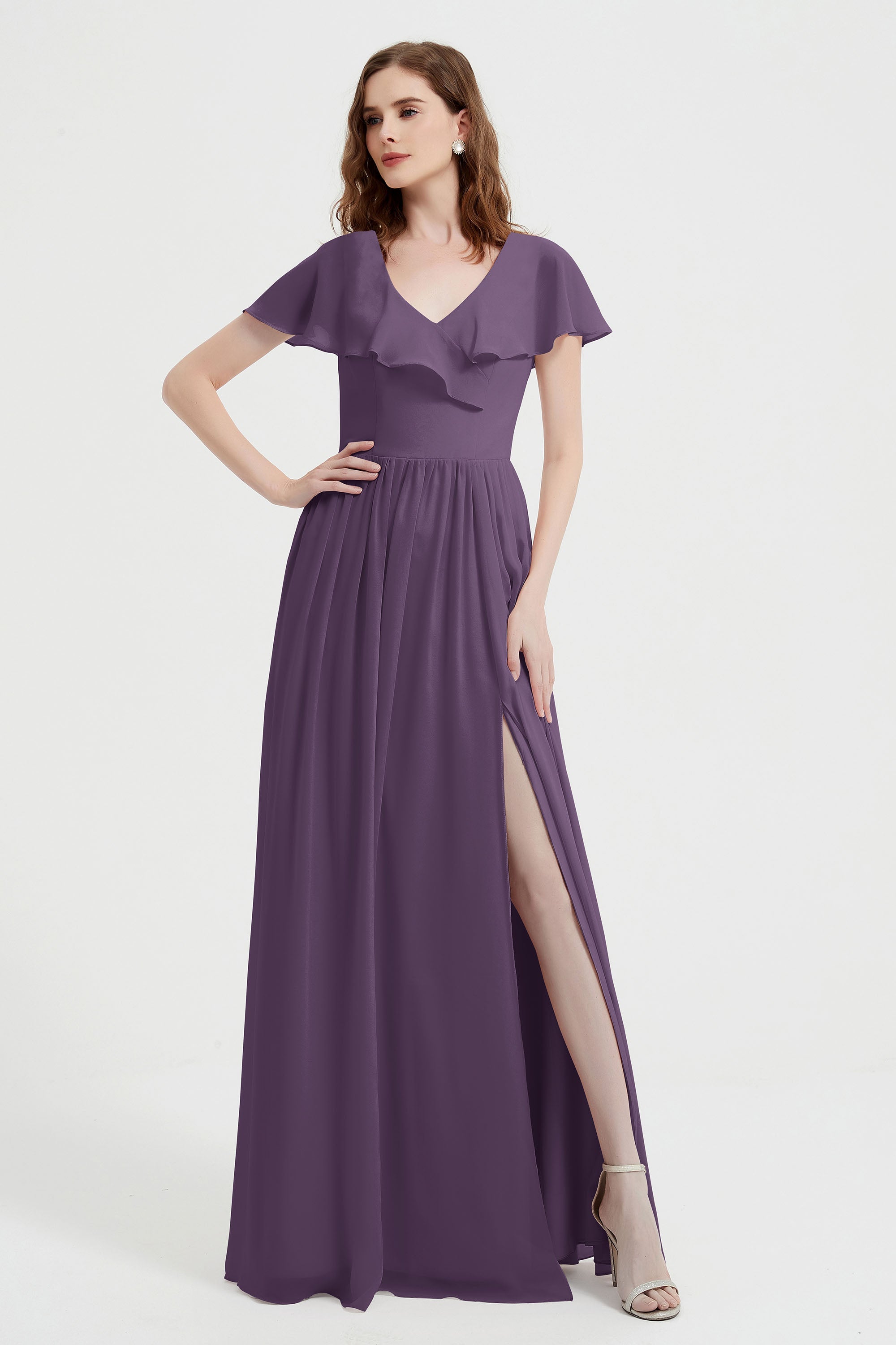 Flutter Sleeves Chiffon Bridesmaid Dress Natural A Line Formal Evening Dresses Gowns