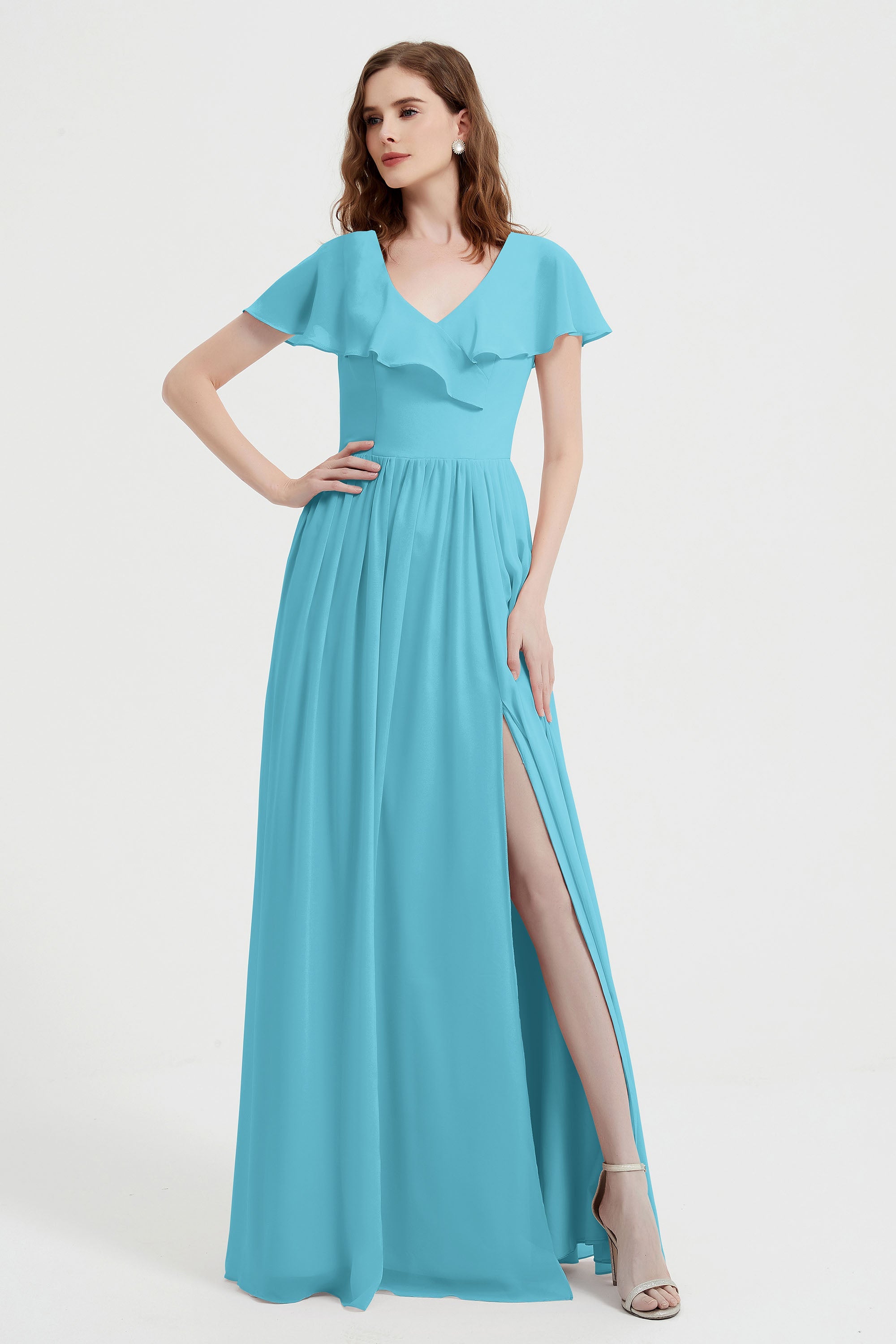 Flutter Sleeves Chiffon Bridesmaid Dress Natural A Line Formal Evening Dresses Gowns