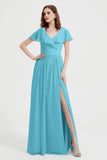 Flutter Sleeves Chiffon Bridesmaid Dress Natural A Line Formal Evening Dresses Gowns