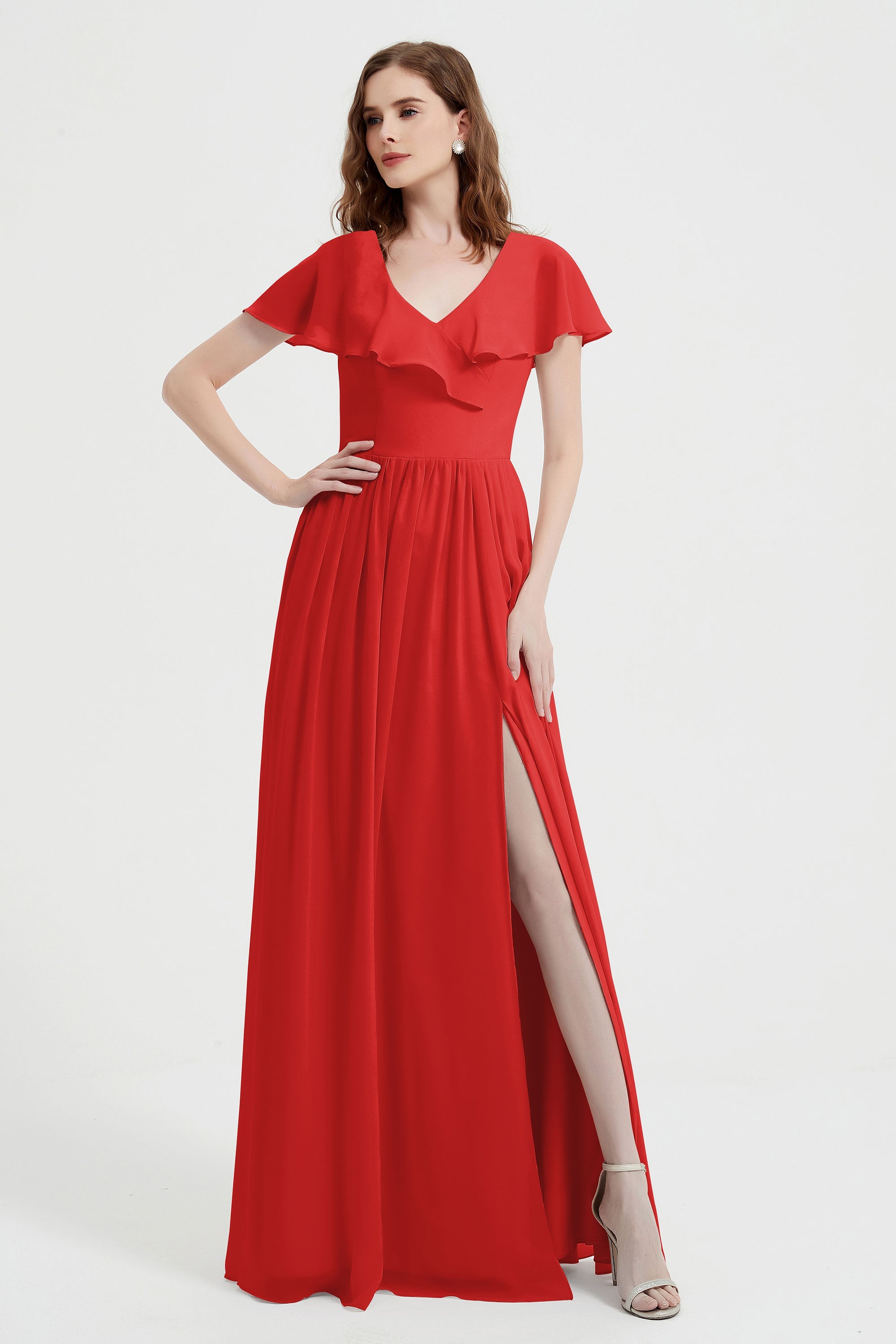 Flutter Sleeves Chiffon Bridesmaid Dress Natural A Line Formal Evening Dresses Gowns