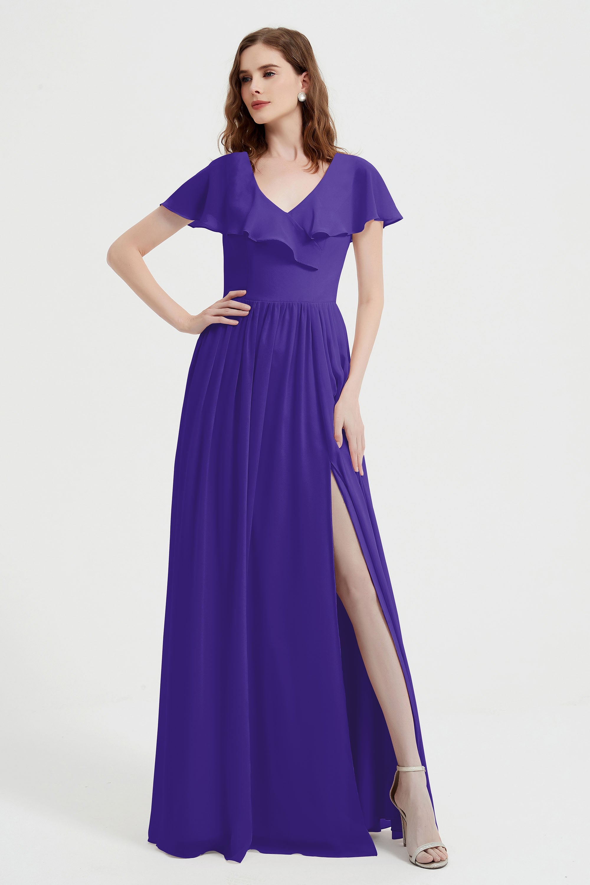 Flutter Sleeves Chiffon Bridesmaid Dress Natural A Line Formal Evening Dresses Gowns