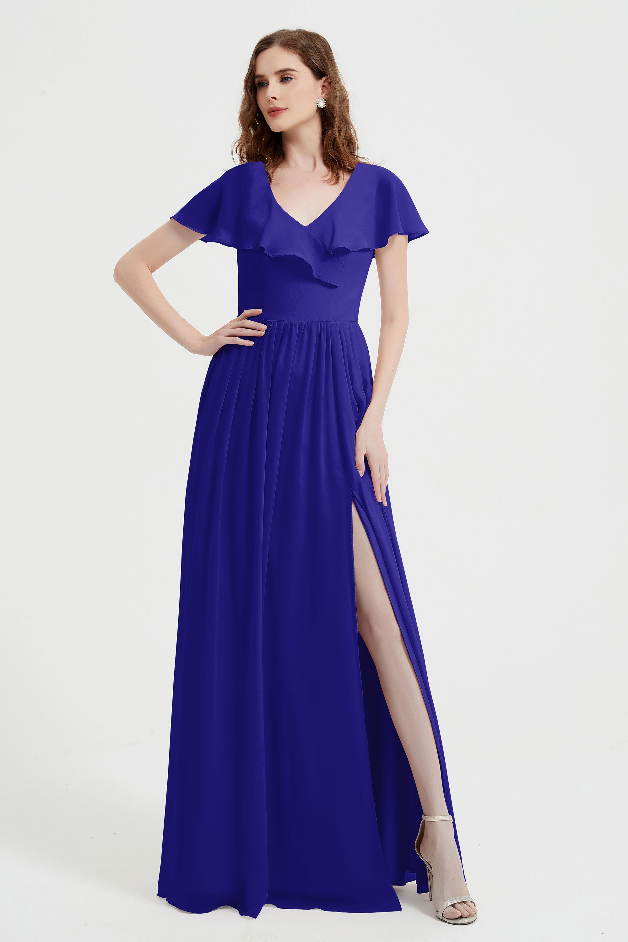 Flutter Sleeves Chiffon Bridesmaid Dress Natural A Line Formal Evening Dresses Gowns