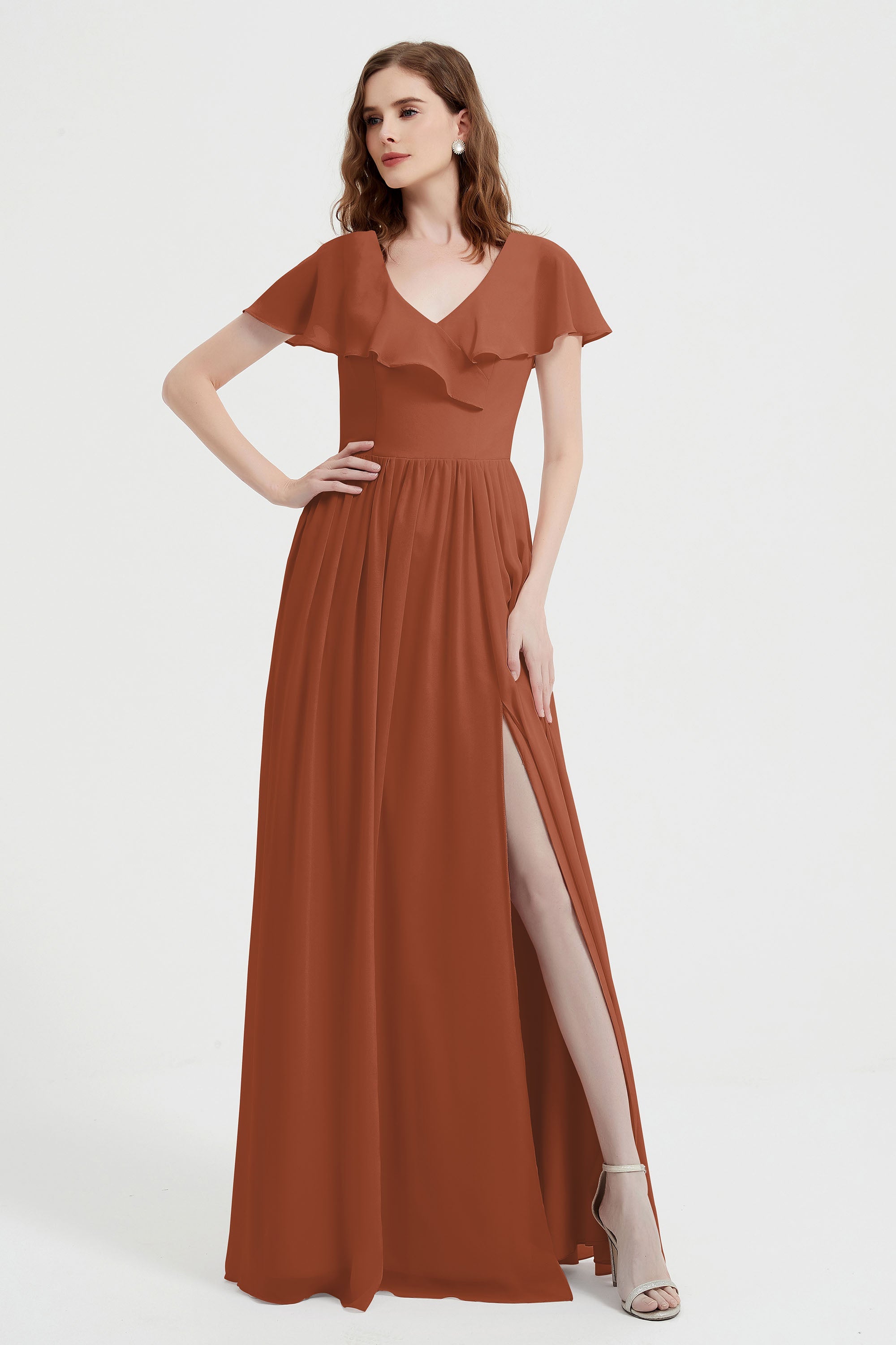 Flutter Sleeves Chiffon Bridesmaid Dress Natural A Line Formal Evening Dresses Gowns