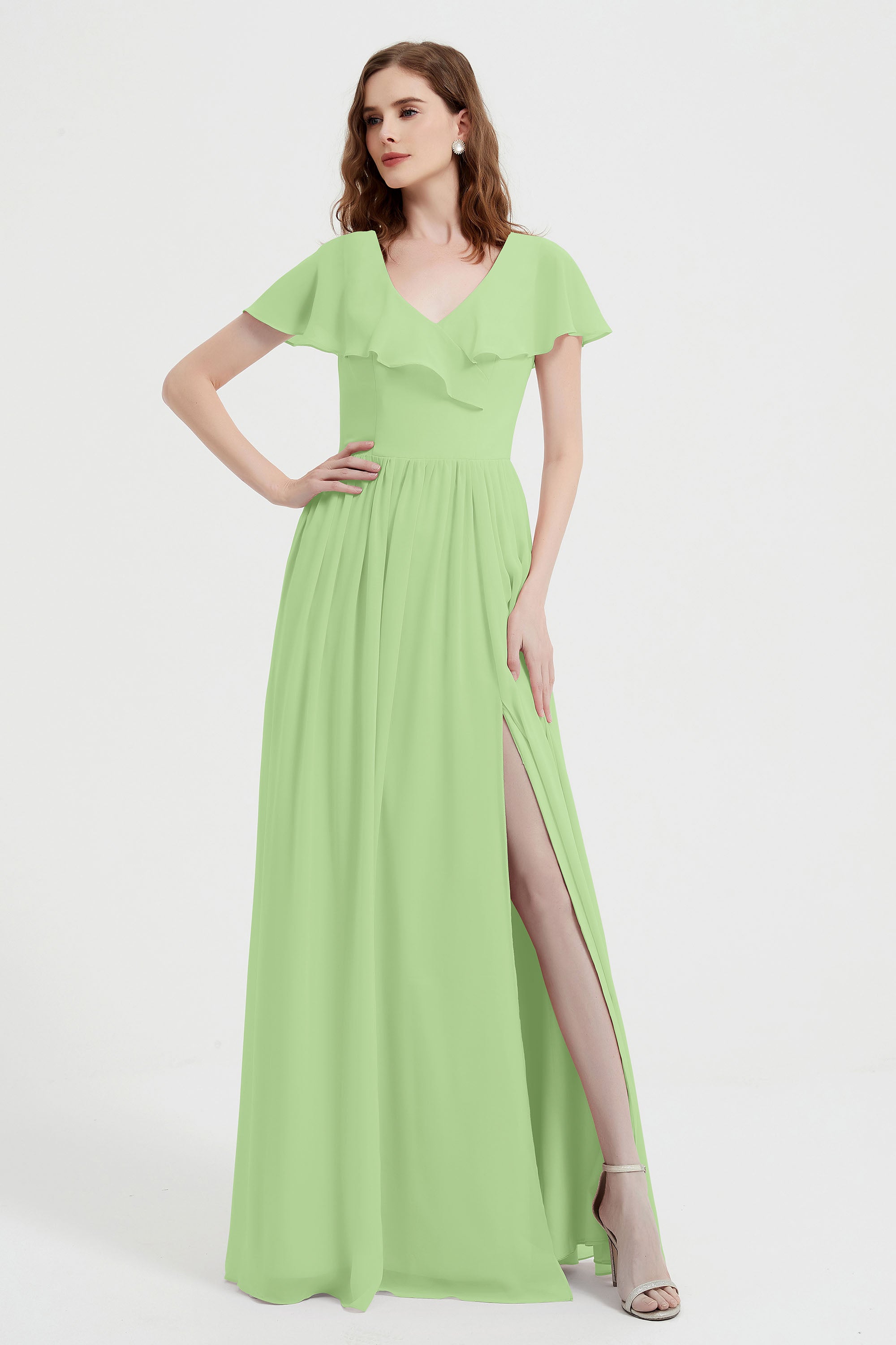 Flutter Sleeves Chiffon Bridesmaid Dress Natural A Line Formal Evening Dresses Gowns