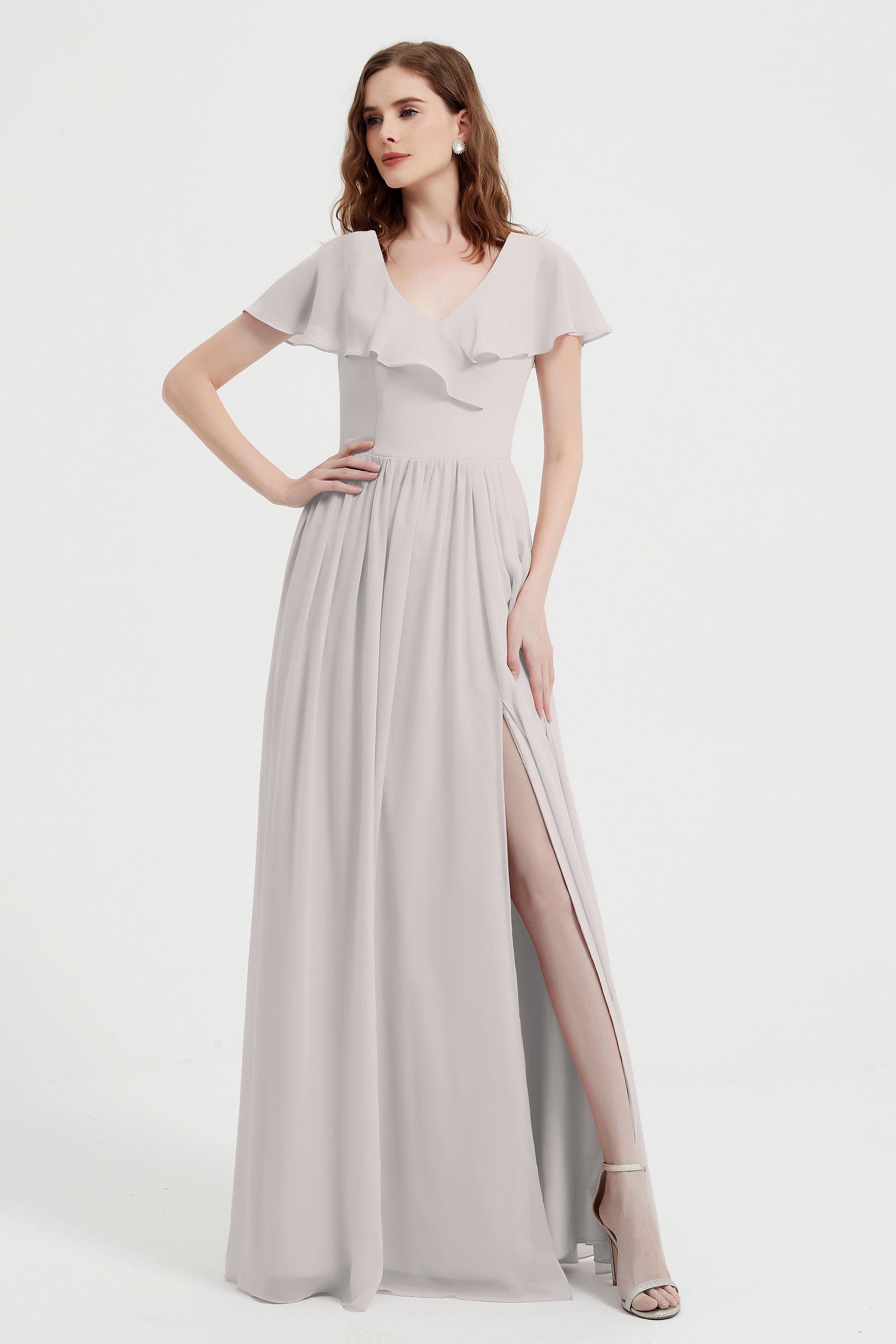 Flutter Sleeves Chiffon Bridesmaid Dress Natural A Line Formal Evening Dresses Gowns