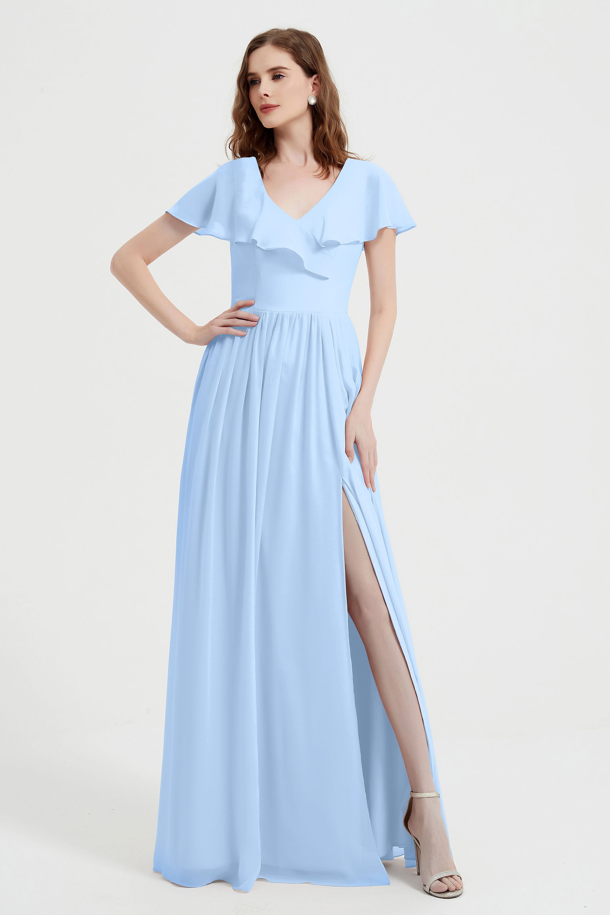 Flutter Sleeves Chiffon Bridesmaid Dress Natural A Line Formal Evening Dresses Gowns